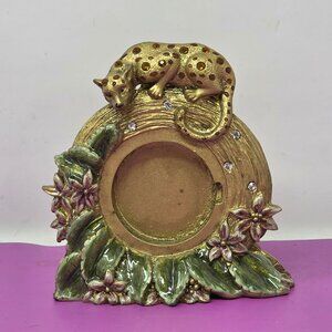 Leopard-Inspired Decorative Metal Photo Frame Gold Finish Floral Enamel Accents